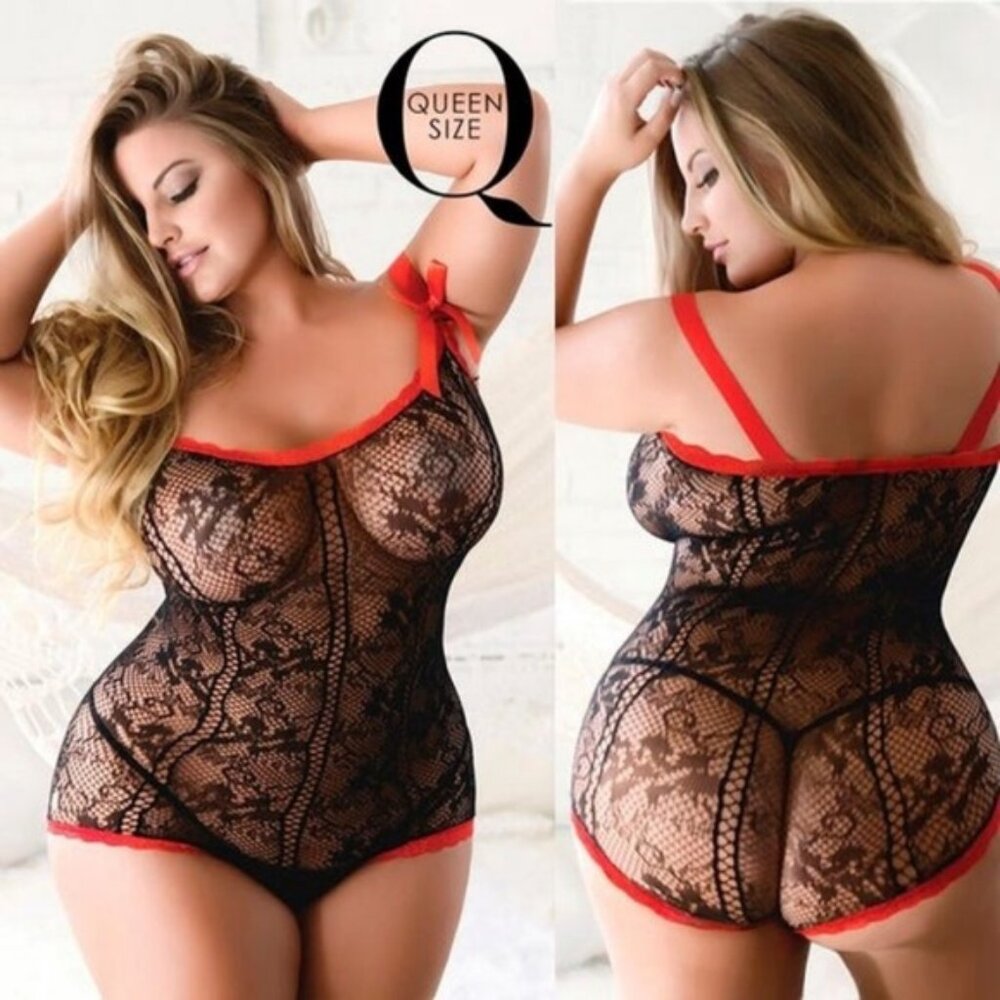 Lingerie Killer Legs Black Red Lace Trim Fishnet Bodysuit Queen Size